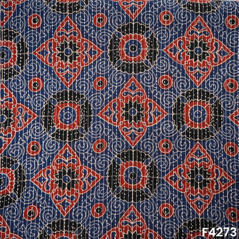 Indigo Print Kantha Work Cambric Cotton Fabric - F4273